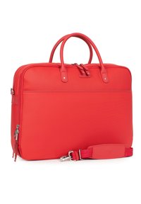 Rode laptoptas gemaakt van duurzaam gestructureerd stof met dubbele handgrepen, ritssluiting, afneembare schouderband en subtiele merkdetails.