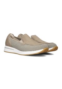Light brown slip-on shoes with mesh upper and suede accents. White sole with a slight elevation and textured rubber outsole.