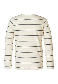 Mouwloze shirt in crème met marineblauwe horizontale strepen. Van katoen, ronde hals, zachte textuur en rechte zoom.