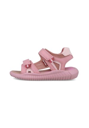 Sandalias rosas con correas ajustables, hechas de material sintético. Presentan una suela texturizada, diseño de punta abierta y una plantilla acolchada para mayor comodidad.