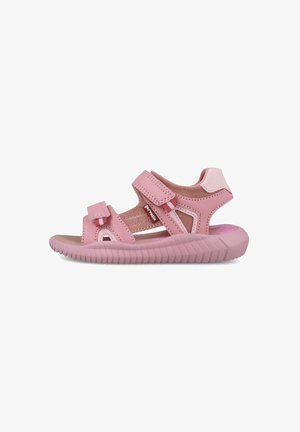 Sandalias rosas con correas ajustables, hechas de material sintético. Presentan una suela texturizada, diseño de punta abierta y una plantilla acolchada para mayor comodidad.