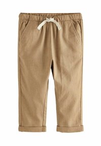 Pantaloni marroni chiari realizzati in tessuto morbido, con una cintura elastica dotata di cordoncino e due tasche laterali, orli arrotolati e senza motivi visibili.