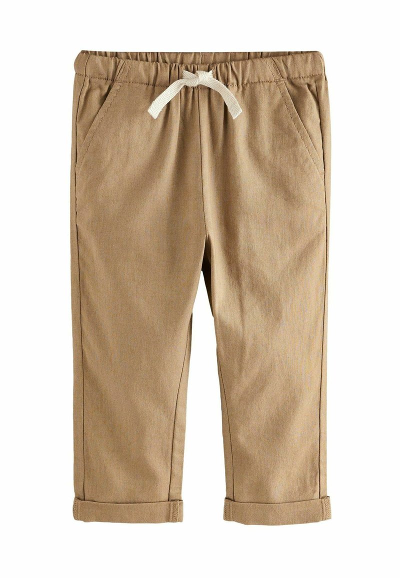 Pantaloni marroni chiari realizzati in tessuto morbido, con una cintura elastica dotata di cordoncino e due tasche laterali, orli arrotolati e senza motivi visibili.