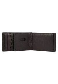 Dark brown leather bifold wallet opened, showing multiple card slots on the left and a clear ID window in the center.