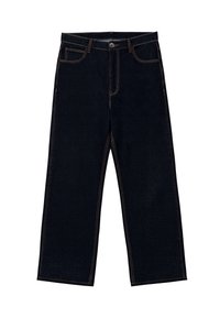 Dunkelblaue Jeans mit weitem Bein und hoher Taille, vorne mit Knöpfen und Reißverschluss sowie kontrastierenden orangefarbenen Nähten.