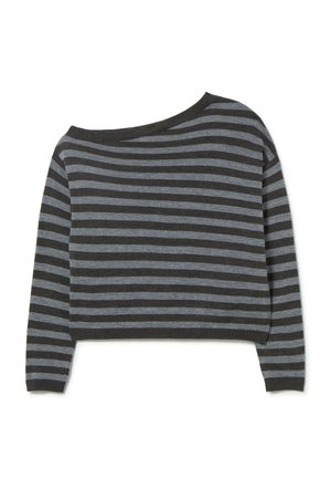 Grey and black striped cropped sweater with long sleeves, an off-shoulder design, and a soft, textured knit finish.