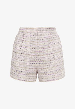 Szorty z tweedu w jasnym beżu z purpurowymi i złotymi flekami, charakteryzujące się gładką fakturą i bocznymi kieszeniami. Dopasowany krój i krótka długość.
