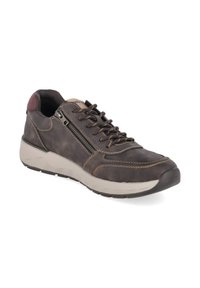 Baskets en cuir marron foncé avec semelle beige, laçage sur le devant, fermeture éclair latérale et col de talon rembourré bordeaux.