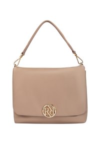 Beige faux leather handbag with a curved top, gold hardware, and a prominent round logo on the front. Single shoulder strap included.