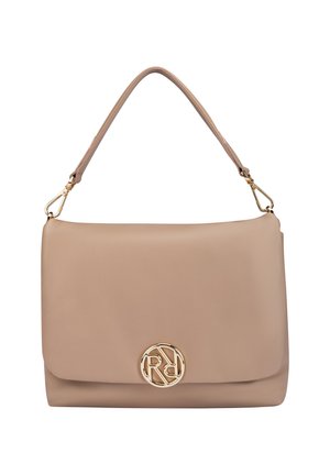 Beige faux leather handbag with a curved top, gold hardware, and a prominent round logo on the front. Single shoulder strap included.