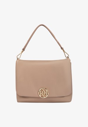 Beige faux leather handbag with a curved top, gold hardware, and a prominent round logo on the front. Single shoulder strap included.