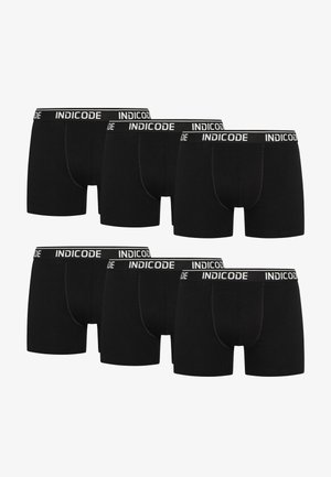 Czarne bokserki z białą gumką z logo "INDICODE". Sześć par wyeksponowanych, z wyraźnymi detalami szwów, elastycznym materiałem i bezszwowym designem.