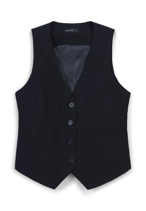 Gilet nero senza maniche con scollo a V, cinque bottoni sul davanti, due tasche laterali e foderatura interna liscia. Design semplice con linee pulite.