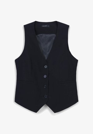 Schwarze ärmellose Weste mit V-Ausschnitt, fünf Knöpfen auf der Vorderseite, zwei Seitentaschen und einem glatten Innenfutter. Einfaches Design mit klaren Linien.