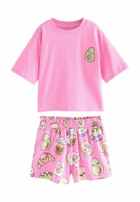 Rosa bomullspyjamas med kortärmad topp som har ett avokado-motiv och shorts dekorerade med tecknade matmönster i pastellfärger.