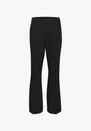 Sorte bukser lavet af glat stof, med en lige ben-design, flad front og sidelommer. Ingen synlige mønstre eller accenter.