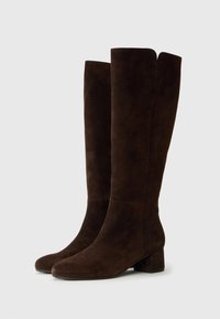 Brown suede knee-high boots with a square toe and block heel. Smooth texture with minimal stitching and no visible hardware or patterns.