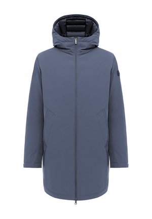Langer blauer Wintermantel mit Kapuze, Frontreißverschluss und schrägen Seitentaschen, vor weißem Hintergrund gezeigt.