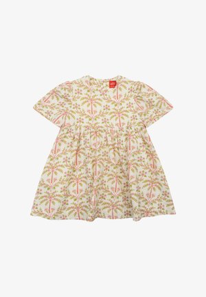 Bloemen katoenen jurk met korte mouwen, een geplooide taille en een witte achtergrond. Het ontwerp bevat roze bloemen en groene bladeren.