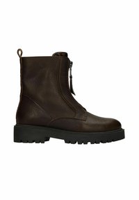 Bruine leren enkelboots met een gestructureerde afwerking, voorzien van een ritssluiting aan de voorkant en een robuuste zwarte outsole met duidelijke profiel.