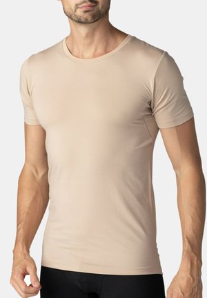 Beige Kurzarm-T-Shirt aus weichem, dehnbarem Material. Mit einem Rundhalsausschnitt und einem taillierten Design, das sich an den Körper anschmiegt.