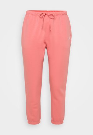 Roze sweatpants met een elastische tailleband en trekkoord, voorzien van zijzakken en een klein grijs logo op de linker bovenbeen. Glad materiaal.