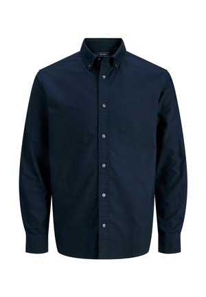 Herre langærmet, marineblå skjorte med knapper, knappet krave og manchetter med en knap.