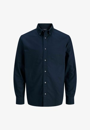 Chemise pour homme à manches longues, bleu marine, avec boutons sur le devant, col boutonné et poignets à un bouton.