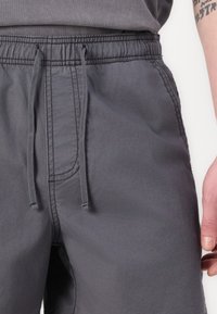 Šedé kraťasy z lehkého materiálu s elastickým pasem, nastavitelnou šňůrkou a bočními švy. Hladký povrch s minimálními detaily.