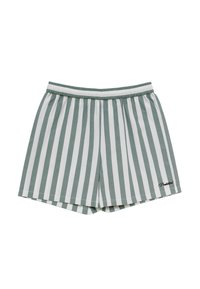 Shorts courts avec des rayures verticales vertes et blanches et une ceinture élastique, avec un petit logo en bas à droite.