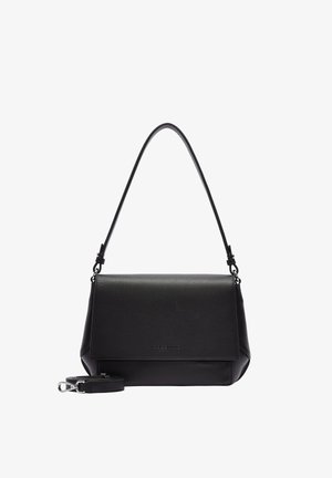 Czarna skórzana torba o wyraźnej konstrukcji, płaskim klapie górnym i odczepianym pasku. Gładka faktura z subtelnym logo z przodu.