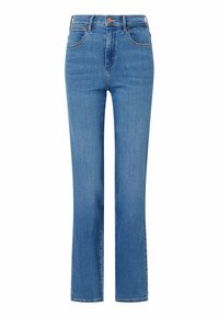 Jeans de mezclilla azul claro con un diseño de pierna recta, cinco bolsillos y un cierre de botón en la cintura. Textura sutil con un acabado suave.