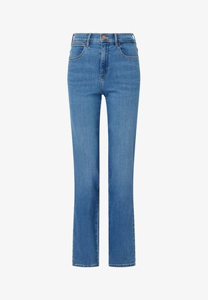 Lysblå denimjeans med lige ben-design, fem lommer og en knaplukning i taljen. Subtil tekstur med en glat overflade.