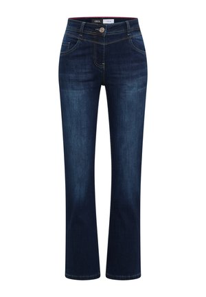 Jeans in denim blu scuro con design a gamba dritta, cinque tasche e chiusura con bottone. Presentano una leggera scoloritura sul davanti e sul retro.