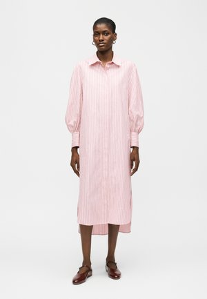 Mujer con un vestido camisero largo de rayas rosas, mangas abullonadas, puños con botones y zapatos planos marrones, de pie contra un fondo blanco liso.