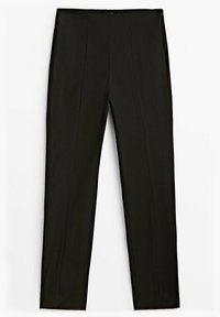 Black tailored trousers with a smooth texture, straight-leg design, front seams, and a zip closure at the waist. Ideal for formal settings.