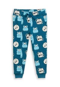 Turquoise joggingbroek met een zachte textuur, voorzien van een leuk monsterpatroon in blauw en wit. Elastische tailleband met trekkoord.