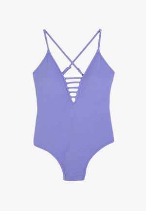 Lilla énstykke badedragt med tynde justerbare stropper, en dyb V-udskæring med vandrette udskæringer og en glat tekstur.