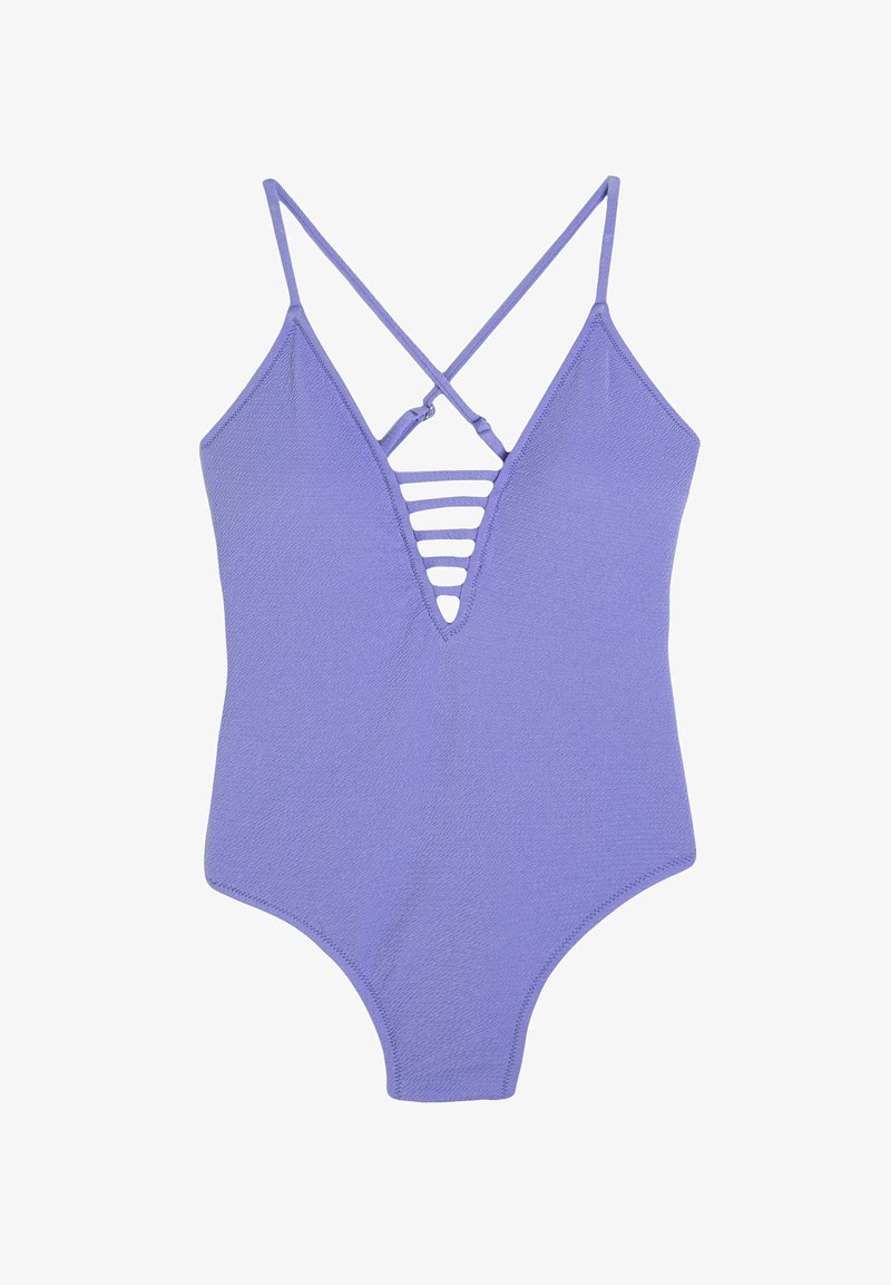 Lilla énstykke badedragt med tynde justerbare stropper, en dyb V-udskæring med vandrette udskæringer og en glat tekstur.