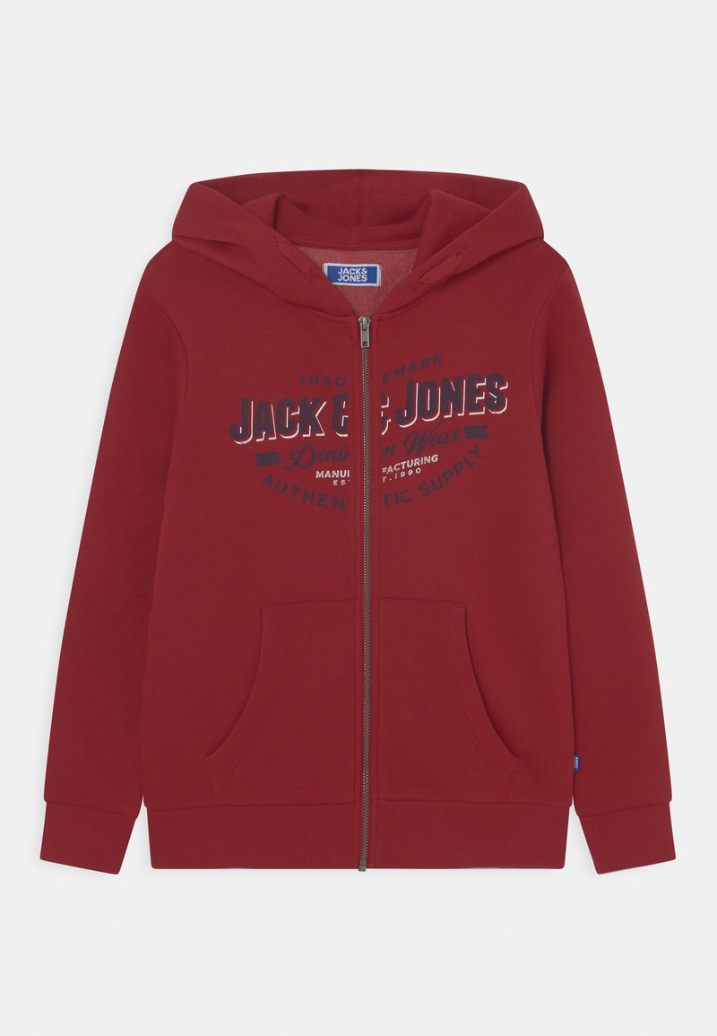 Veste à capuche zippée rouge en tissu doux, avec une impression de logo sur le devant, des poches kangourou et des poignets et un ourlet côtelés.