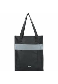 Zwarte tote bag gemaakt van duurzaam materiaal met een prominente grijze horizontale streep, twee stevige handvatten en een voorzak met rits.