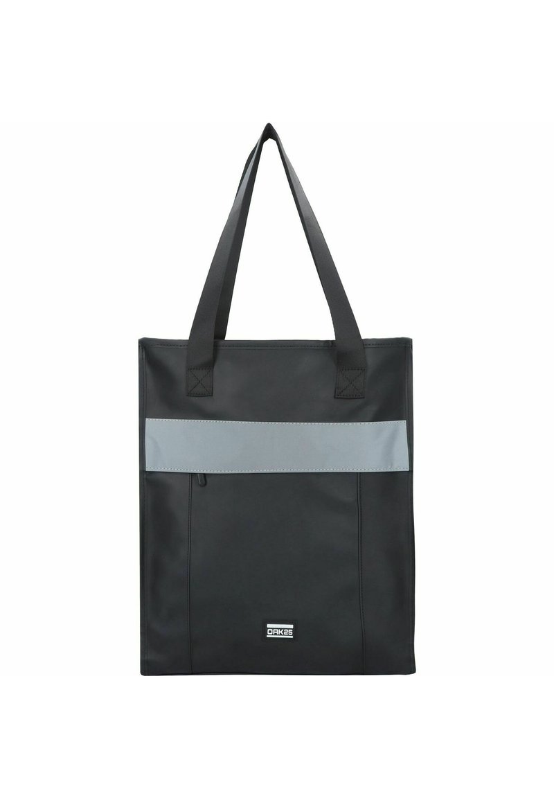 Zwarte tote bag gemaakt van duurzaam materiaal met een prominente grijze horizontale streep, twee stevige handvatten en een voorzak met rits.