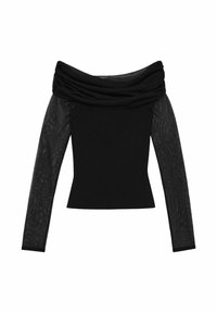 Top negru cu decolteu off-the-shoulder. Prezintă mâneci lungi din plasă neagră transparentă și un corp ajustat solid negru. Textură netedă.