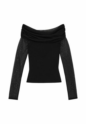 Zwarte top met een off-shoulder decolleté. Beschikt over lange, doorschijnende zwarte mesh mouwen en een aansluitend, geheel zwarte lijfje. Gladde textuur.