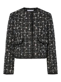 Giacca in tweed nera e argento, design cropped, scollo rotondo, con quattro bottoni circolari, due tasche frontali e una superficie testurizzata.