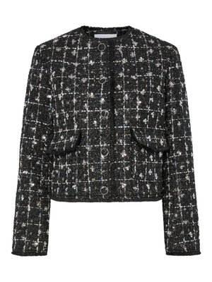 Jachetă din tweed negru și argintiu, design scurt, decolteu rotund, cu patru butoane circulare, două buzunare frontale și o suprafață texturată.