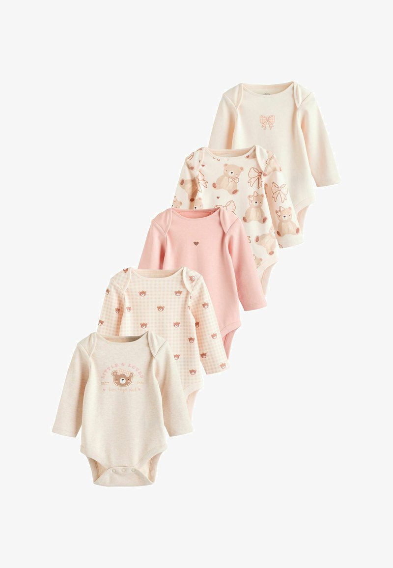 Set of five long-sleeve baby bodysuits in soft cotton. Colors include cream, light pink, with bear and bow prints, and textured accents.