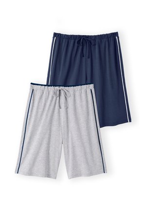 Twee paren casual knielange shorts met trekkoorden, één marineblauw met witte strepen en één grijs met donkerblauwe strepen.