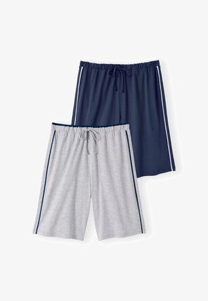 Due paia di pantaloncini casual al ginocchio con coulisse, uno blu navy con strisce bianche e uno grigio con strisce blu scuro.
