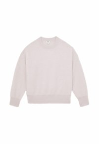Maglione rosa chiaro realizzato in materiale morbido, con scollo a girocollo, maniche lunghe e orli e polsini a costine. Design minimalista senza modelli.